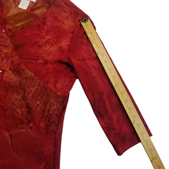 Vintage Dressbarn V Neck Top Women M Red Tie Dye 3/4 Slv Stretch Sequin 90s Y2K - Picture 9 of 14